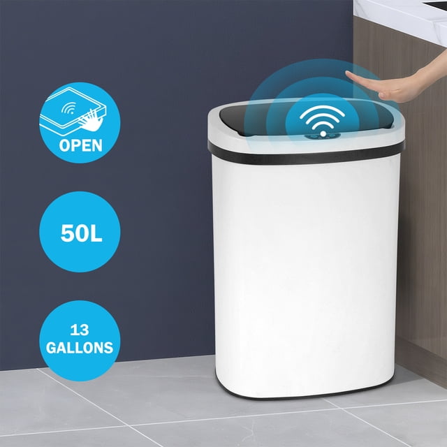 13 Gallon Kitchen Trash Can Automatic Stainless-Steel Garbage Can with Touch-Free & Motion Sensor, Anti-Fingerprint Mute Designed Brushed Trash Bin,White