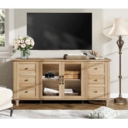 WAMPAT Farmhouse TV Stand, up to 75 inch, Glass and Wood, 4 Openable Storage Doors, Universal Media Console, Entertainment Center, 60-75 inch TV Table Cabinet,Oak