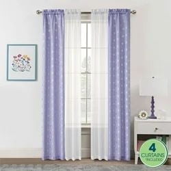 Your Zone 4 Piece Window Curtains Panel Set, 27.5" x 84" featuring two purple panels with white star patterns and two sheer white panels with rod pocket tops, displayed in a kids' room with a window, framed floral art, and a white nightstand with a purple lamp, suitable for bedrooms and dorms.