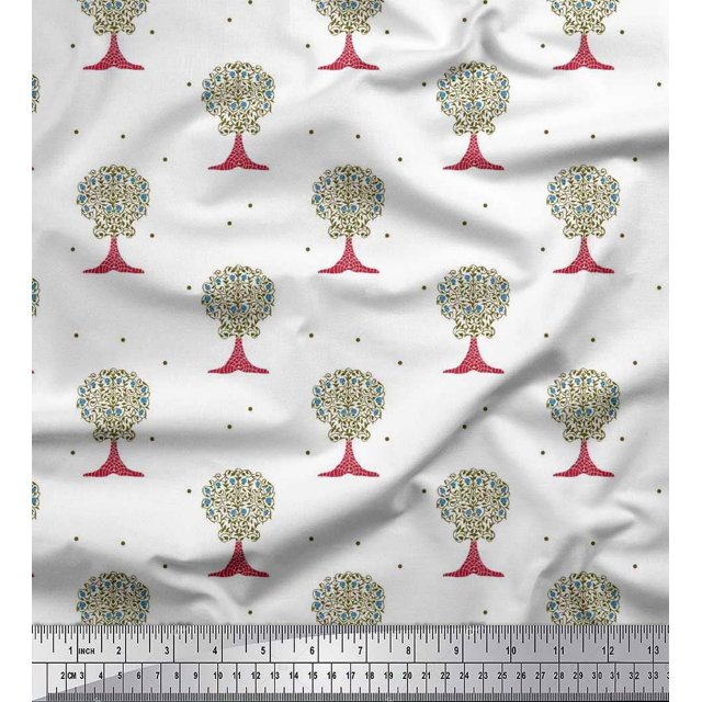 Soimoi Japan Crepe Satin Fabric Dot & Tree Block Print Fabric by Yard 42 Inch Wide