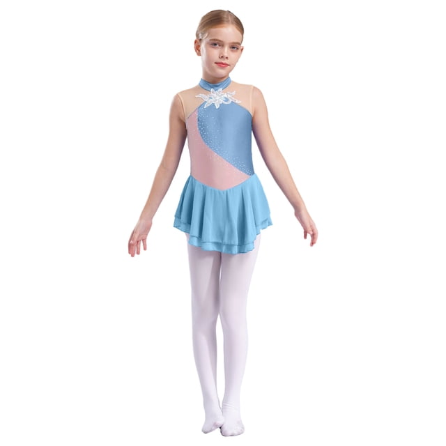 Oyolan Robe de Patinage Artistique pour Filles, Sans Manches, à Strass et Fleurs, avec Paillettes, Empiècement en Maille, Robe de Ballet et de Patinage à Roulettes, Gris Bleu 16