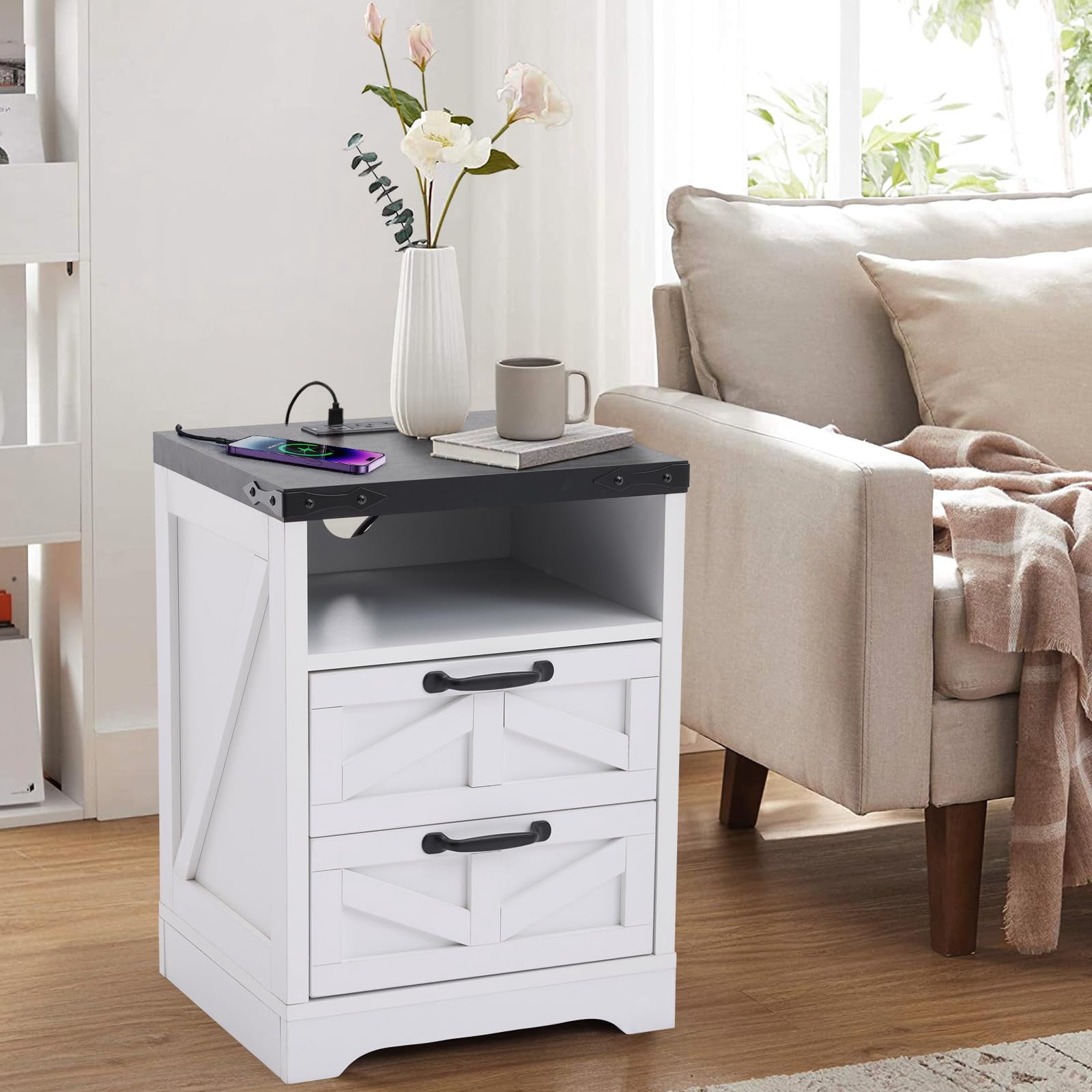 Farmhouse Nightstand -Night Stand White with Charging Station, Bed Side Tables Bedroom with 2-Drawer USB, Industrial End Table, Sturdy Engineered Wood (White with Drawer)