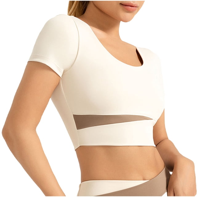 Timegard Hauts de Yoga pour Femmes Col Rond Manches Courtes Ajusté Confortable Court Extensible Entraînement Gym T-Shirts