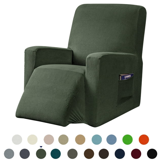 Subrtex Stretch 1-Piece Recliner Chair Cover in a textured grid pattern, shown in olive green. The slipcover features a side pocket for storage and a strapless, elasticized bottom for a secure fit. Made of 85% polyester and 15% spandex, it is soft, breathable, and durable. Suitable for recliner chairs with back widths of 24-32 inches and heights of 29-37 inches. Includes multiple color options displayed below the chair.