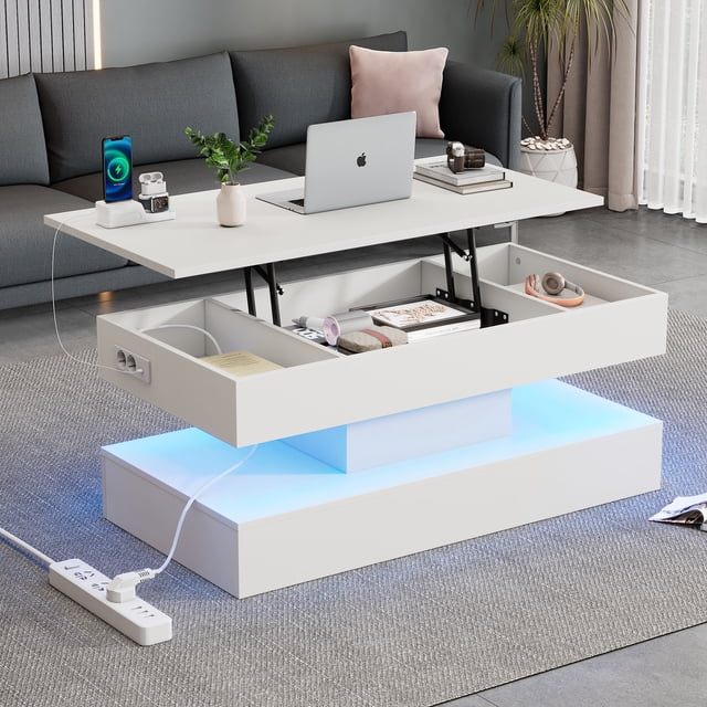 Noble House Modern Coffee Table with LED & Hydraulic Lift Hidden Storage,Multifunctional Table for Living Dining Office,White
