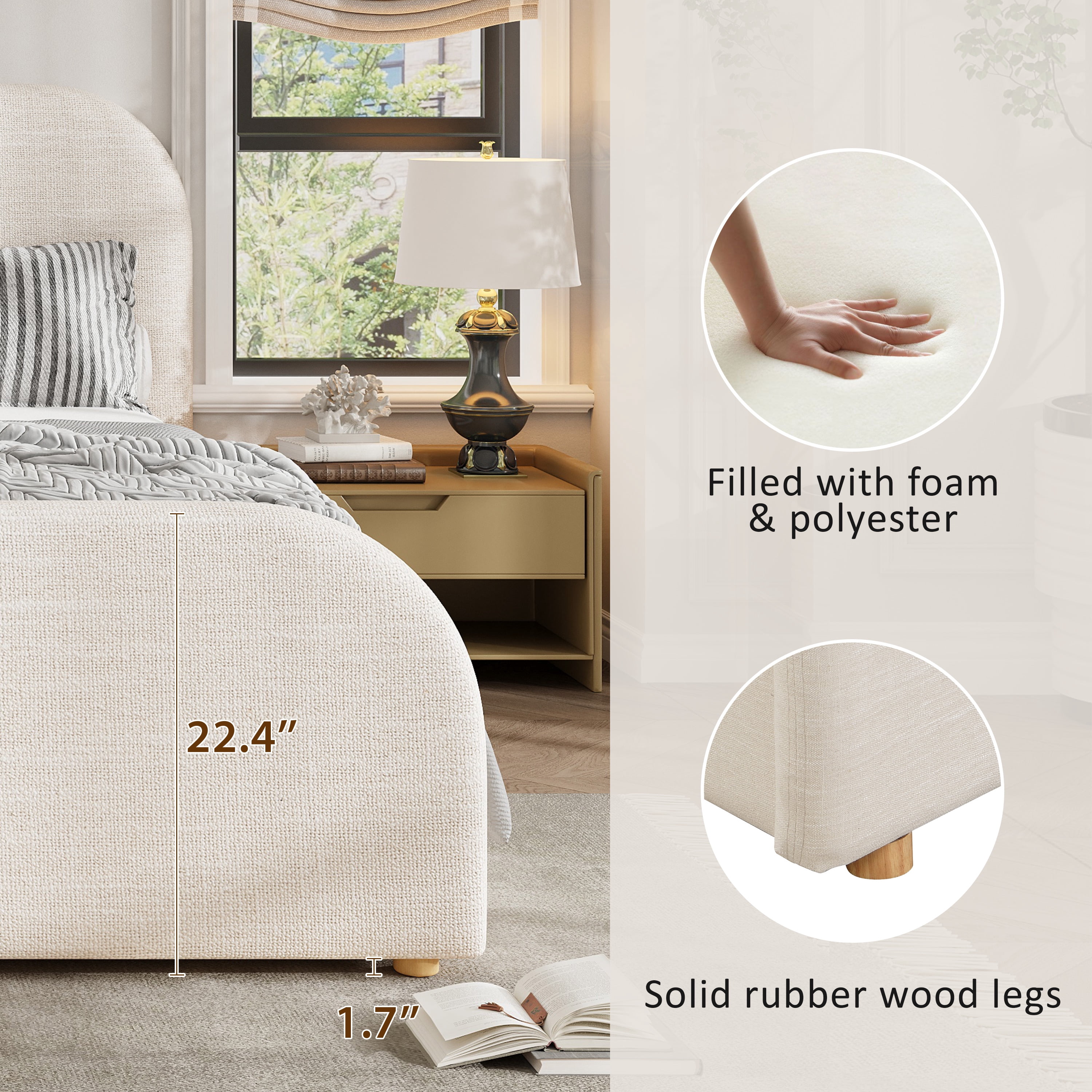 Lit plateforme Noble House King Size capitonné en lin, beige