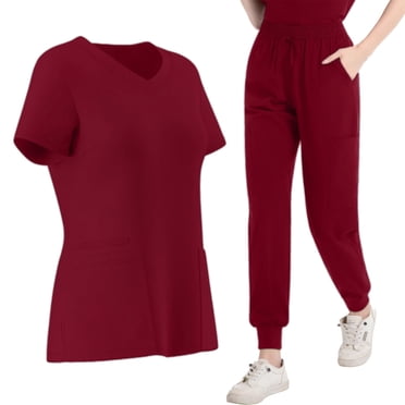 Bocqde 2 Piece Medical Scrubs Sets for Women Short Sleeve V-Neck Scrub Tops and Long Joggers Sets Lightweight Casual Nursing Uniform Sets with Multi-Pockets