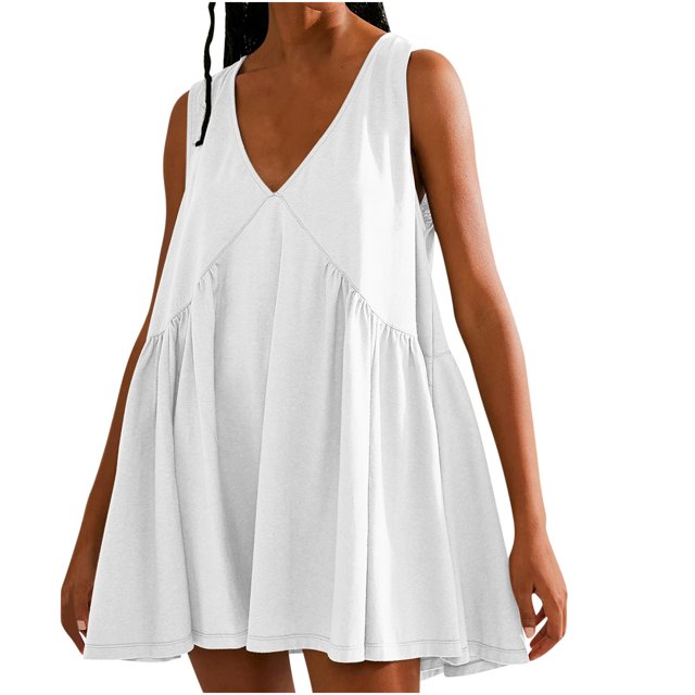 Penkiiy Robe Courte Sans Manches à Col en V pour Femme, Ample, d'Été, Plissée, Évasée et Fluide, S Blanc