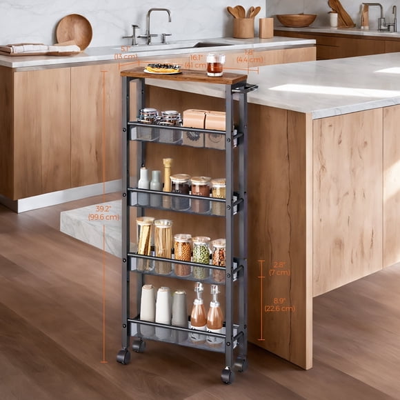 LEDREM Slim Rolling Storage Cart,5-Tier Narrow Utility Cart with Handle,Metal Frame,Mobile Organizer,Rustic Brown and Black