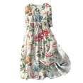 thumbnail image 1 of Pisexur Robes d'Été pour Femmes Mode Bohème à Imprimé Floral Robe Maxi Tunique Décontractée Taille Élastique Robe Soleil Col Rabattu Boutonnée Longue Robe Manches 3/4 Col en V Fluide Coton Lin Robe de Plage, 1 of 6