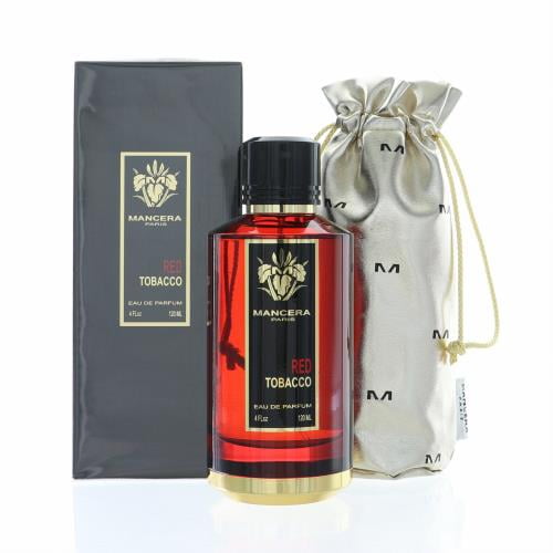 MANCERA Vaporisateur Eau de Parfum, Red Tobacco, Bouteille de 4 Fl Oz Exposée à Côté de Son Emballage Noir et de Sa Pochette à Cordon Dorée. la Bouteille Présente une Teinte Rouge Profond avec des accents Dorés et une Image de Marque, Mettant l'Accent sur Son design Luxueux. des notes de Parfum Incluent Safran, Cannelle, Tabac, Ambre et Vanille de Madagascar.