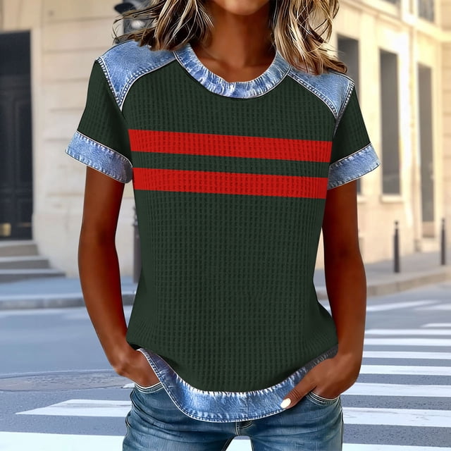 Jienlioq Hauts Courts pour Femmes avec Manches Mode Décontractée pour Femmes Col Rond Couleur Unie T-Shirt Blouse à Manches Courtes Haut Ample Vert Armée TG