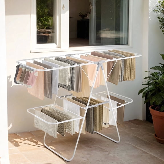 LEDREM Séchoir à Vêtements à 2 Niveaux, Pliable avec 4 Ailes Ajustables, 33 Rails, 27 Pinces à Chaussettes, Autoportant pour Usage Intérieur/extérieur, Blanc et Gris