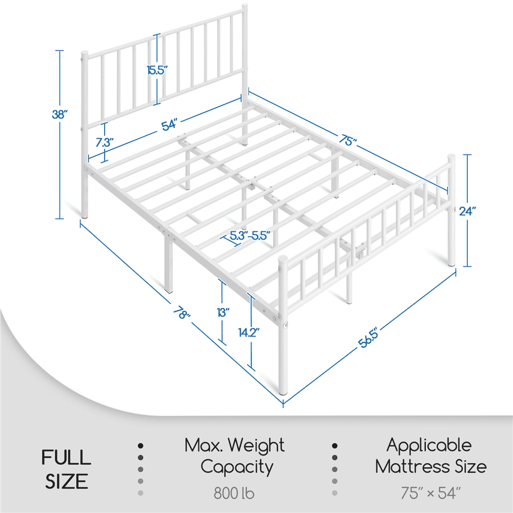 Fullfurnique Minimalist Metal Bed Frame with Vertical Bar Headboard and Footboard, Queen, White