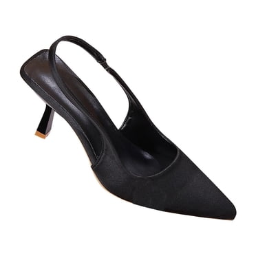 Women High Heeled Shoes Pointy Toe Chunky Heel PU Slingback Ankle Strap Sandals The New Summer Large Size Pointed Soft Leather Bag Head To Match Black