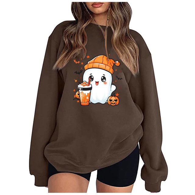 Pisexur Chandail d'Halloween pour Femmes en Molleton Orange Chandail à Manches Longues Col Rond Chandails de Mode avec Motif Citrouille Chandails à Capuche d'Halloween Hauts à Enfiler