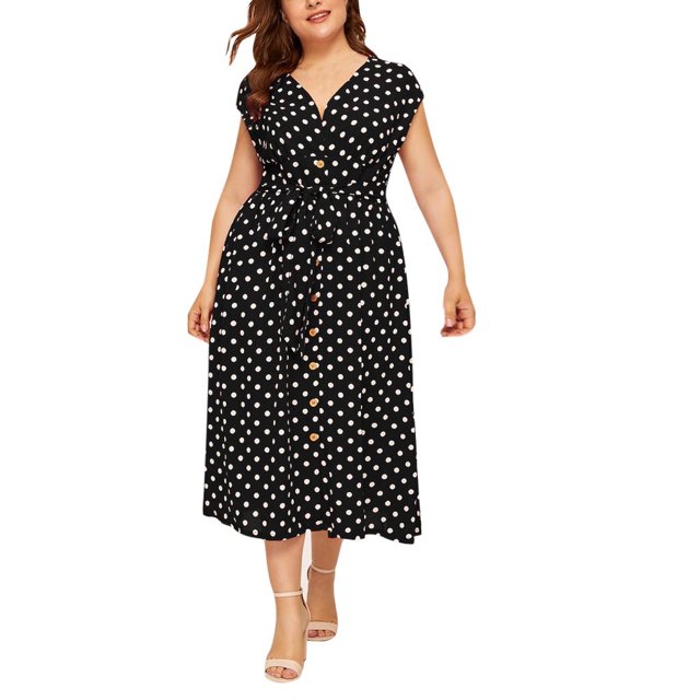 Fridja Womens Casual Plus Size V-neck Sans Manches à Pois Imprimé Ceinture Robe à Boutons