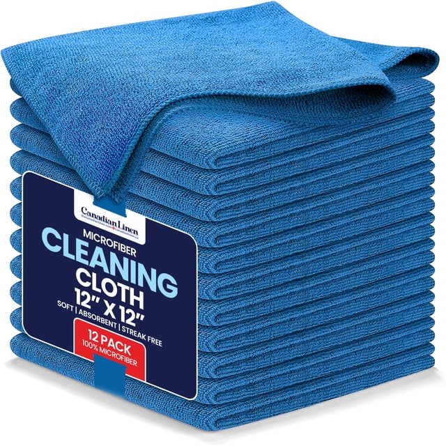 Canadian Linen Microfiber Cleaning Cloth, 12 Pack, 12"x12", Blue. A stack of 12 reusable and washable microfiber cleaning cloths in blue, designed for home, car, and spa use. Highly absorbent, soft, lint-free, and quick-drying towels suitable for cleaning windows, mirrors, and various surfaces. Eco-friendly alternative to disposable paper towels.