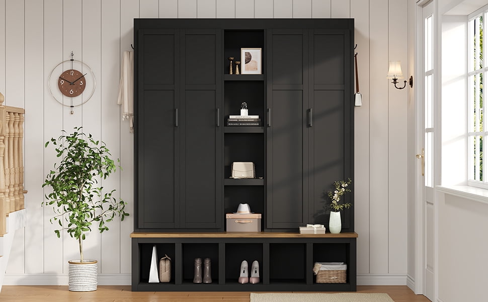 Noble House 62.9" Farmhouse Hall Tree with 6 Hooks,Wood Grain Bench & Shoe Cabinet for Entryway Living Room,Black