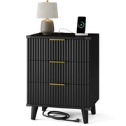 GIKPAL Night Stands for Bedroom, Modern Bedside Table with 3 Drawers & Charging Station,Fluted Panel End Tables for Bedroom & Living Room, Black