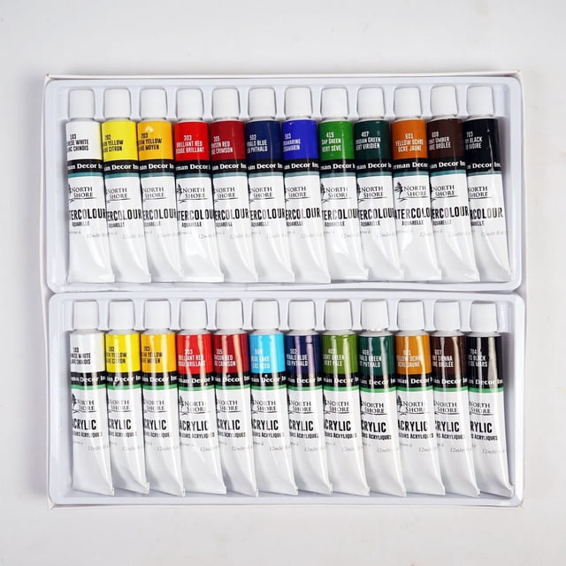 North Shore Ensemble de Peinture Acrylique de 24 Pcs avec 24 tubes de 12 ml Assortis, Disposés en Deux Rangées à l'Intérieur d'Un Plateau en Plastique Blanc, Offrant des Couleurs Vives, à Séchage Rapide et à Base d'Eau, Incluant Jaune, Rouge, Bleu, Vert, Brun et Noir, Convient aux Projets de Techniques Mixtes sur Papier, Toile et Bois.