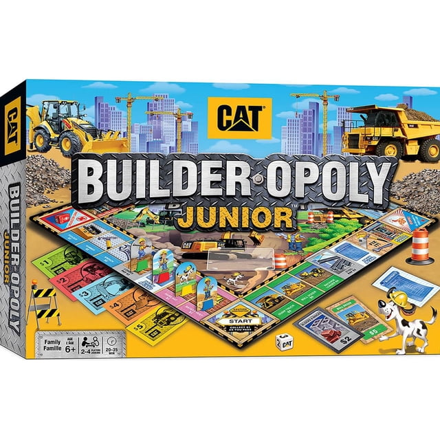Masterpieces Puzzle Company Caterpillar Opoly Junior Board Game with a colorful construction-themed board featuring CAT equipment illustrations, player tokens shaped as construction workers, play money, dice, and a cartoon dog wearing a hard hat, set against construction vehicles and city buildings, suitable for family play and learning about construction equipment.