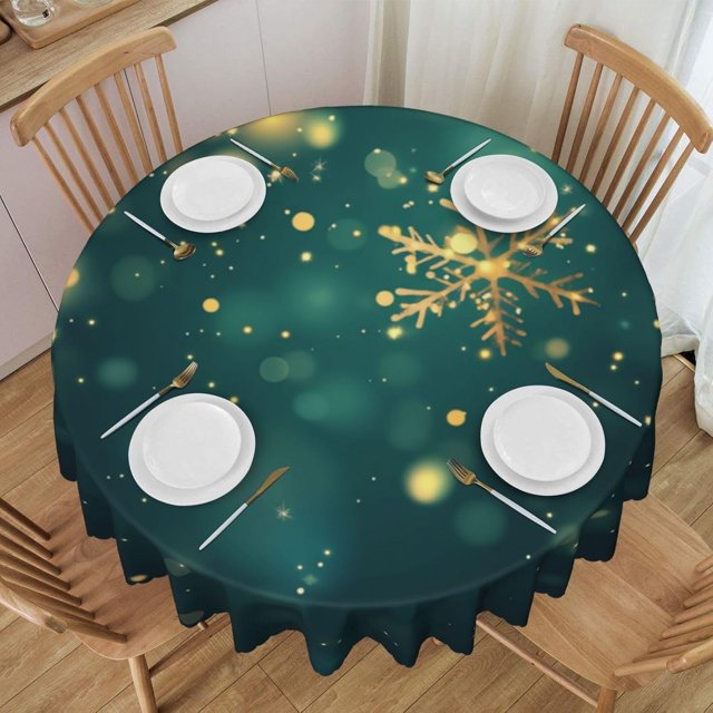 Nappe Ronde Flocon de Neige Sarcelle Hiver Noël 60 Pouces Couverture de Table pour Salle à Manger Tissu Polyester avec Bords Festonnés Résistant aux Taches Cuisine Pique-Nique Fête Restaurant Décoration