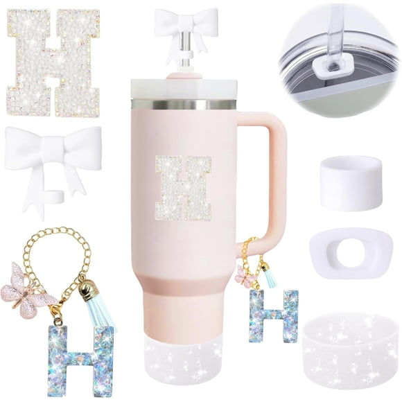 6PCS White Stanley Cup Accessories Set Fit for Stanley Cup 30oz 40oz. Including Handle Charm, Personalized Initial Sticker, Straw Topper, Sparkly Silicone Boot, Spill Proof Stopper (Letter-H)
