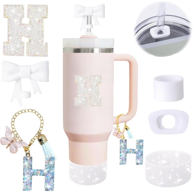 6PCS White Stanley Cup Accessories Set Fit for Stanley Cup 30oz 40oz. Including Handle Charm, Personalized Initial Sticker, Straw Topper, Sparkly Silicone Boot, Spill Proof Stopper (Letter-H)