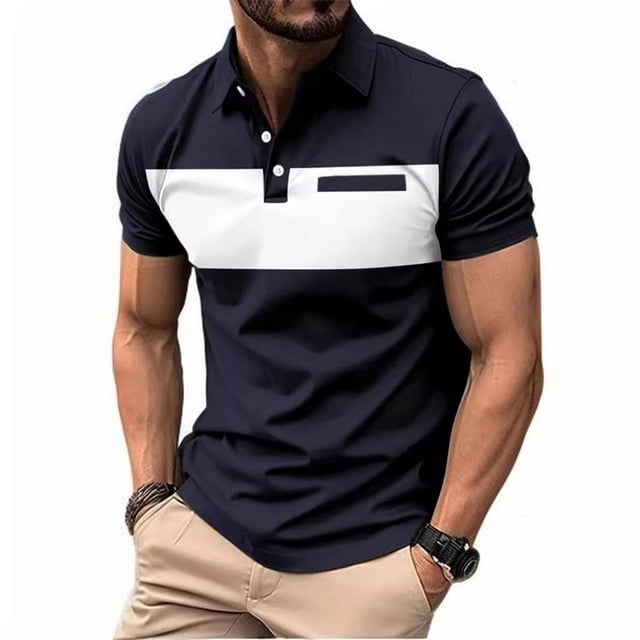 Tauxra Men's Color Block Short Sleeve Shirt Contrast Lapel Casual Summer Top