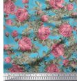 thumbnail image 1 of Soimoi Tissu Georgette Viscose Bleu Imprimé Feuilles & Roses au Mètre 42 Pouces de Large, 1 of 3
