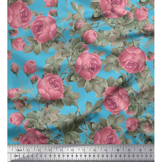 Soimoi Tissu Georgette Viscose Bleu Imprimé Feuilles & Roses au Mètre 42 Pouces de Large