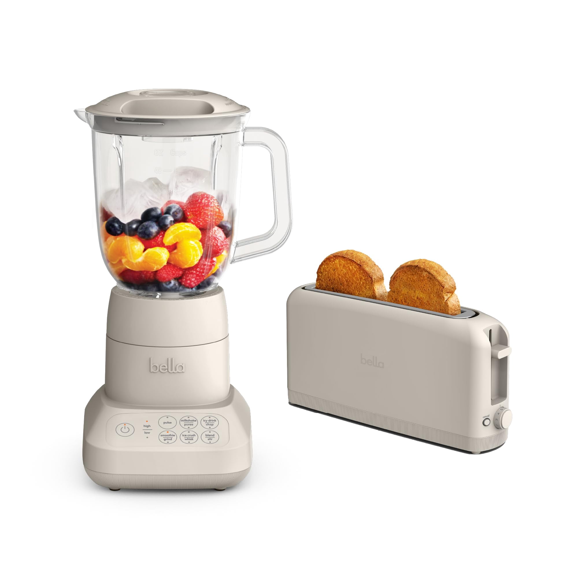 BELLA 10 speed Flip & Store Countertop Blender + 2 Slice Slim toaster, Fits-anywhere&trade; Kitchenware, Smart Toaster w 6 Shades Control & Smoothie