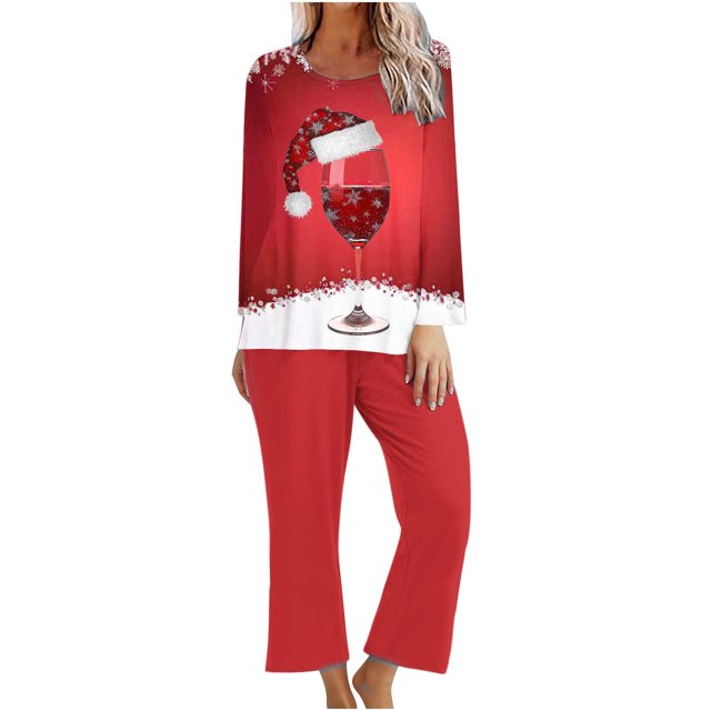 Pisexur Pyjamas de Noël pour Femmes Ensemble Deux Pièces Tendance Vacances Verres à Vin Rouge Imprimé Pjs Décontractés Manches Longues Col Rond Hauts Pantalons de Pyjama Vêtements de Nuit