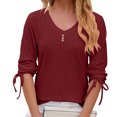 thumbnail image 1 of Penkiiy Blouse Décontractée pour Femme à Col en V en Dentelle Côtelée, Chemises Boutonnées Décoratives d'Été à Manches Courtes, G Rouge, 1 of 1