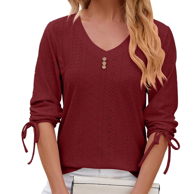 Penkiiy Blouse Décontractée pour Femme à Col en V en Dentelle Côtelée, Chemises Boutonnées Décoratives d'Été à Manches Courtes, G Rouge