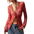 thumbnail image 1 of Women'S Long Sleeve Shirts Boho Floral Print Blouses Button Down V Neck Fitted Tops Red XXL, 1 of 8