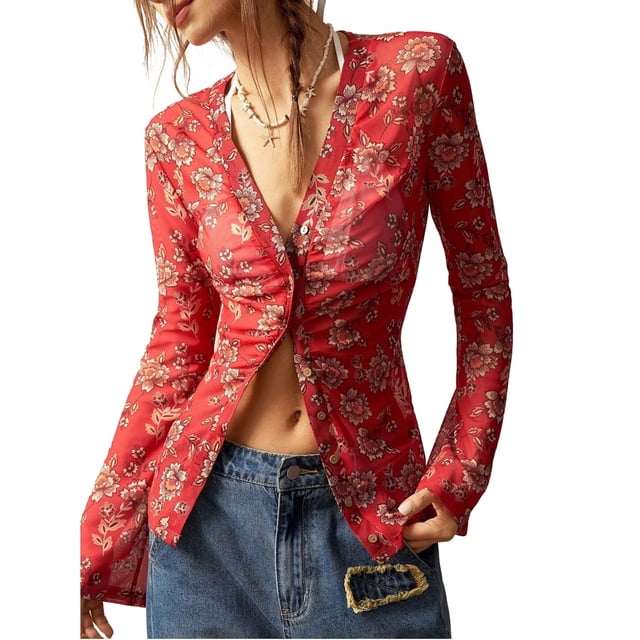 Women'S Long Sleeve Shirts Boho Floral Print Blouses Button Down V Neck Fitted Tops Red XXL