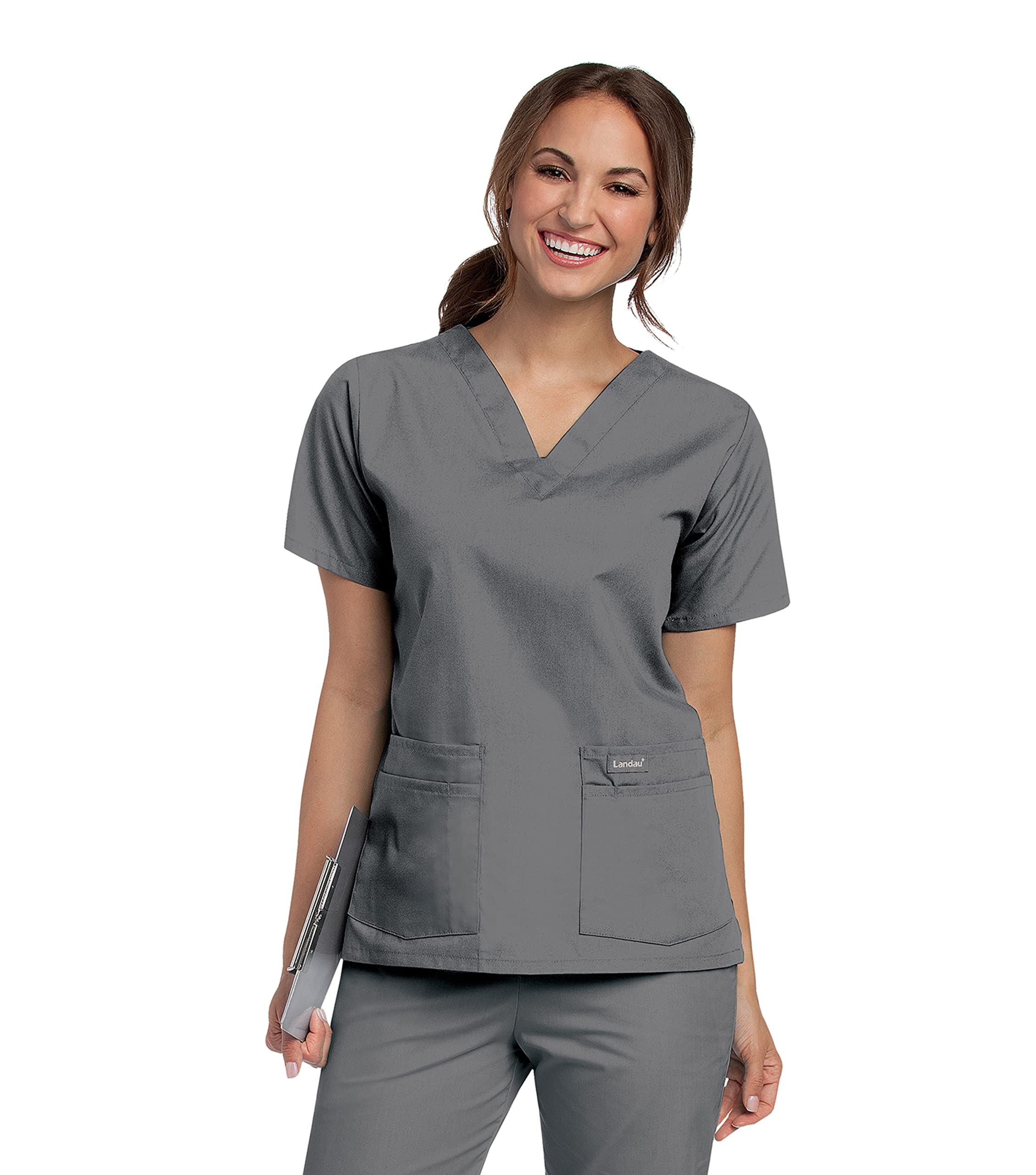 Landau Essentials Scrub Top for Women: 4 Pockets, Classic Relaxed Fit, Durable V-Neck 8219