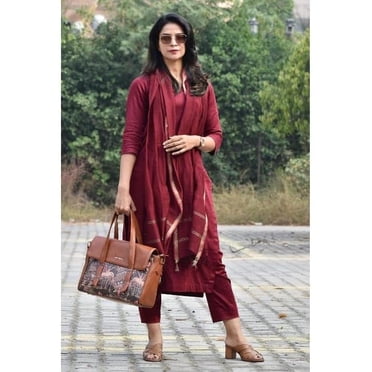 Aizza Trends Ensemble Kurti Droite en Tissu de Coton pour Femmes avec Pantalon et Dupatta