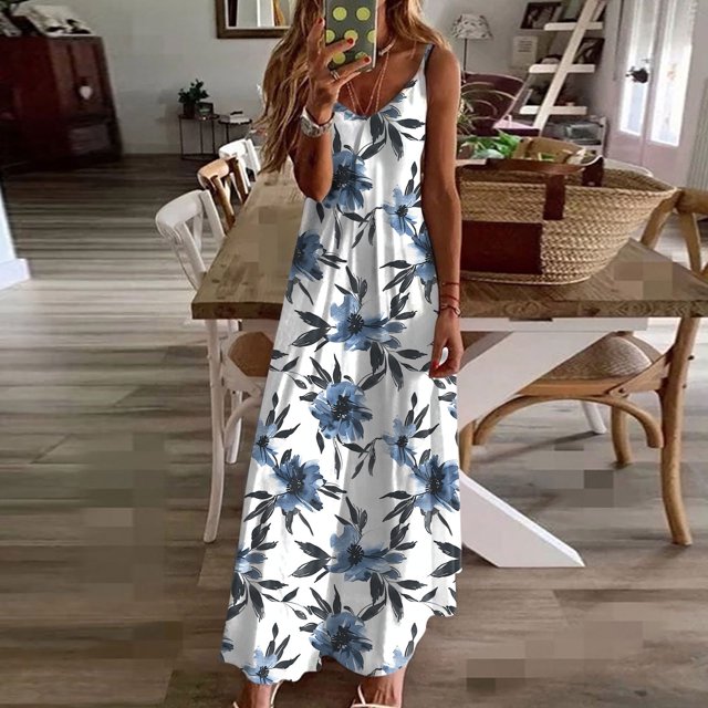 LSLJS Robes d'Été pour Femmes à Imprimé Sans Manches à Col Rond Robe Décontractée, Robe d'Été Robes de Plage d'Été