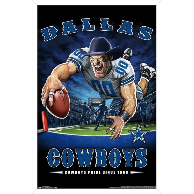 NFL Dallas Cowboys - Affiche Murale End Zone 17, 22,375 Po x 34 Po Représentant un Joueur de football en Uniforme des Dallas Cowboys Blanc et Bleu Plongeant pour Marquer un Touché sur un Terrain Vert avec une Foule de Stade et un Tableau de Bord Lisant « touchdown » en Arrière-Plan, avec le Texte Audacieux « Dallas Cowboys » et le logo Étoile de l'Équipe, Imprimée sur du Papier d'Affiche Lustré, Convient à la Déco