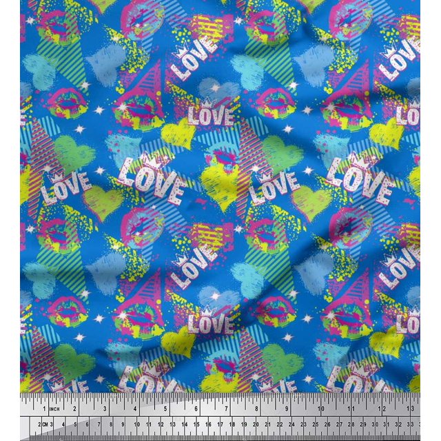 Soimoi Blue Cotton Poplin Fabric Text,Lips & Heart Print Sewing Fabric Yard 42 Inch Wide