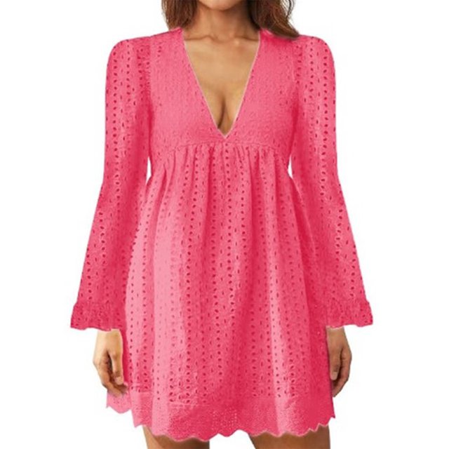 MAWCLOS Ladies Loose Hollow Out Mini Dresses Party Flared Sleeves Short Dress Rose Red XL