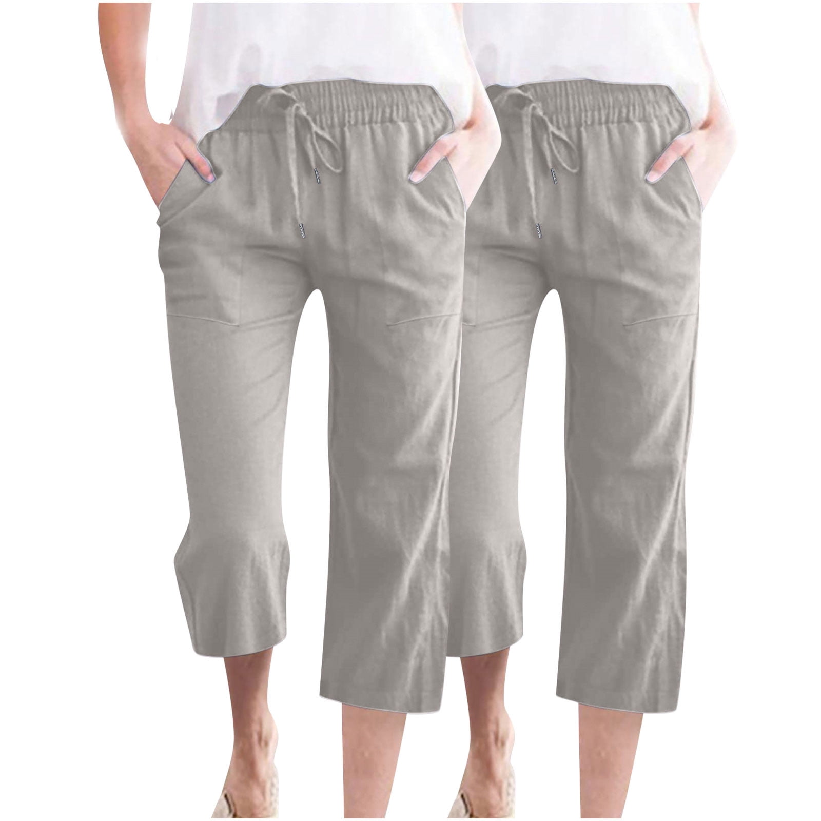 Timegard 2pc Capri Pants for Women Cotton Linen Elastic Waist Loose Lounge Crop Pants Pockets Solid Color