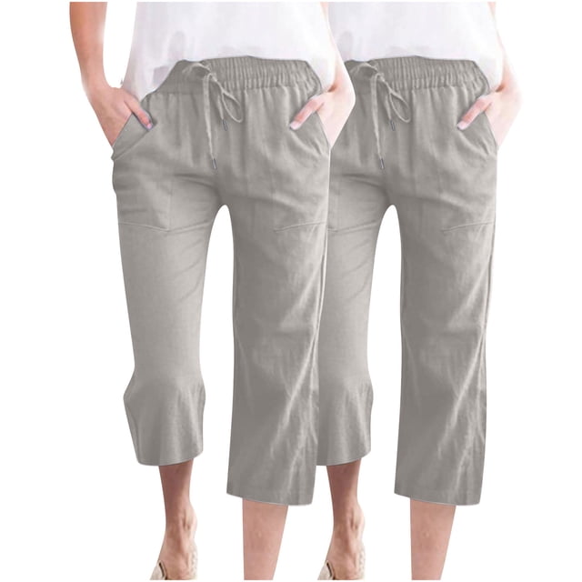 VEKDONE Pantalons Capri en Coton et Lin pour Femmes Gris TG