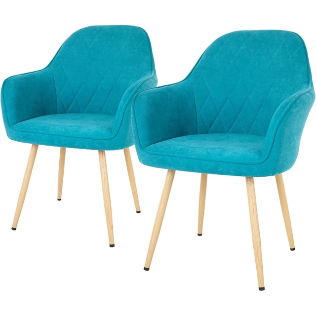 FDW Metal Arm Dining Chairs, Blue (Set of 2), featuring a contemporary design with upholstered blue fabric and diamond-pattern stitching on the backrest. Each chair includes ergonomic armrests and sturdy wooden legs with plastic feet to prevent floor scratches. Dimensions: 23.4”W x 23.2”D x 33.9”H. Ideal for dining rooms or kitchen spaces.