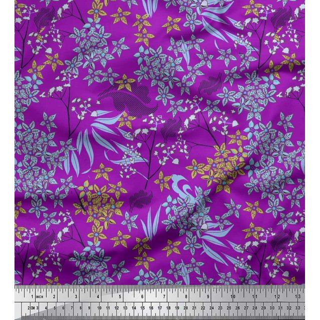 Soimoi Purple Poly Georgette Fabric Leaves & Floral Hand Drawn Decor Fabric Printed Yard 42 Inch Wide