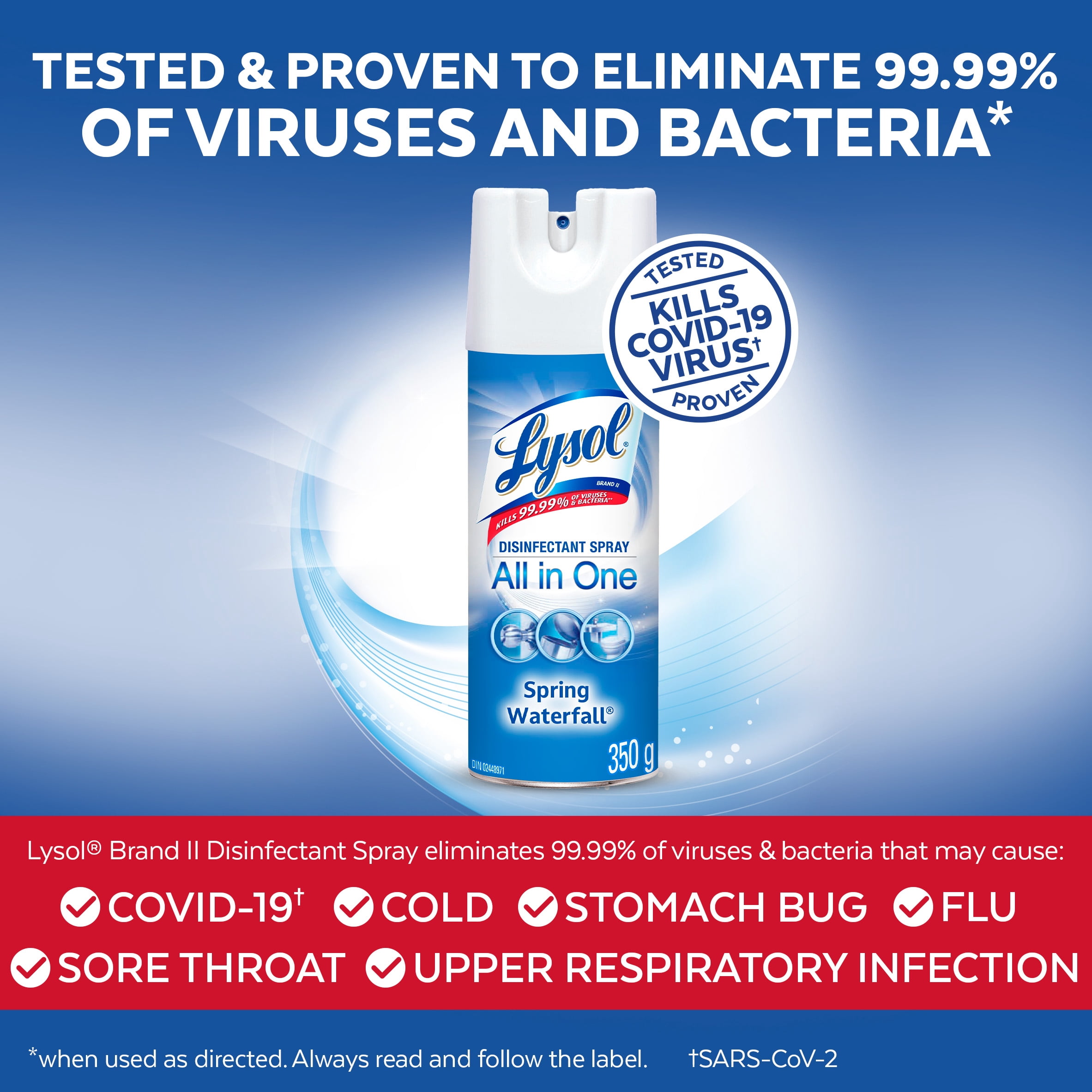 Lysol Spray désinfectant tout-en-un - Cascade printanière - Désinfecte et élimine les odeurs sur les surfaces dures et les tissus - Tue 99,99 % des virus et bactéries, 350 g