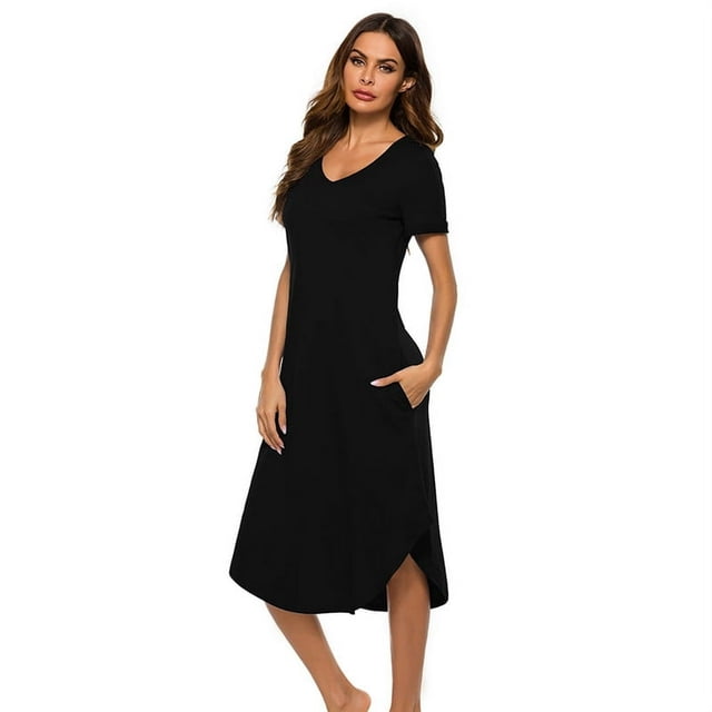 Chemises de Nuit à Manches Courtes pour Femmes, Col en V, Longueur Complète, Grande Taille